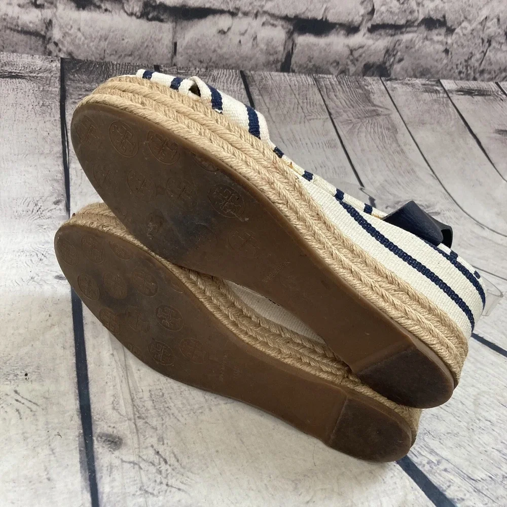 Tory Burch Sandal Women sz 10B Leather Striped Espadrille Blue Ivory Ankle Strap